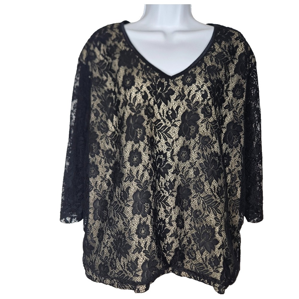 Floral Lace OverLay Boho Romantic Top Black Beige Long Sleeve‎ Womens Date Night